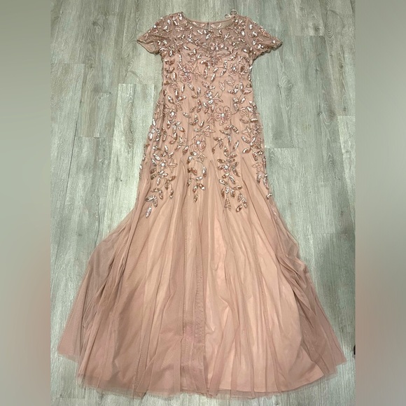 Floor length rhinestone and sequin rose gold gown Adrianna Papell - Picture 1 of 2